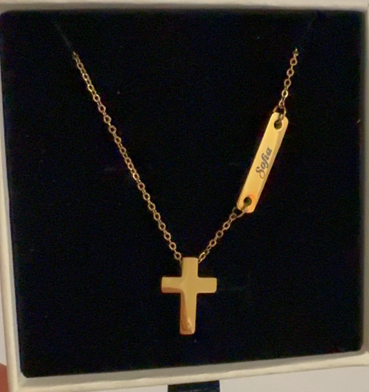 Personalised Kids Cross Necklace with Engraved Name Bar – Gold